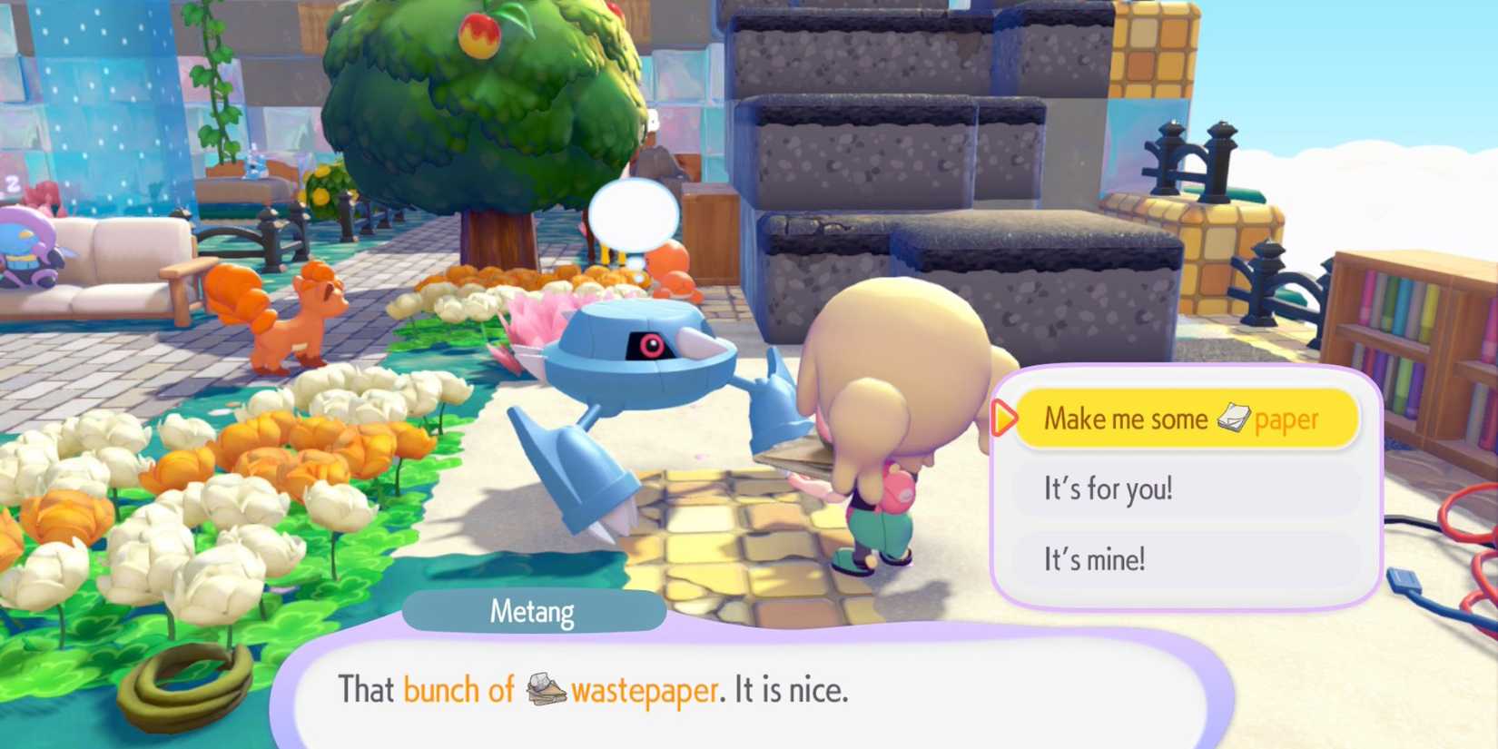 Pokemon Pokopia player giving wastepaper to Metang for paper
