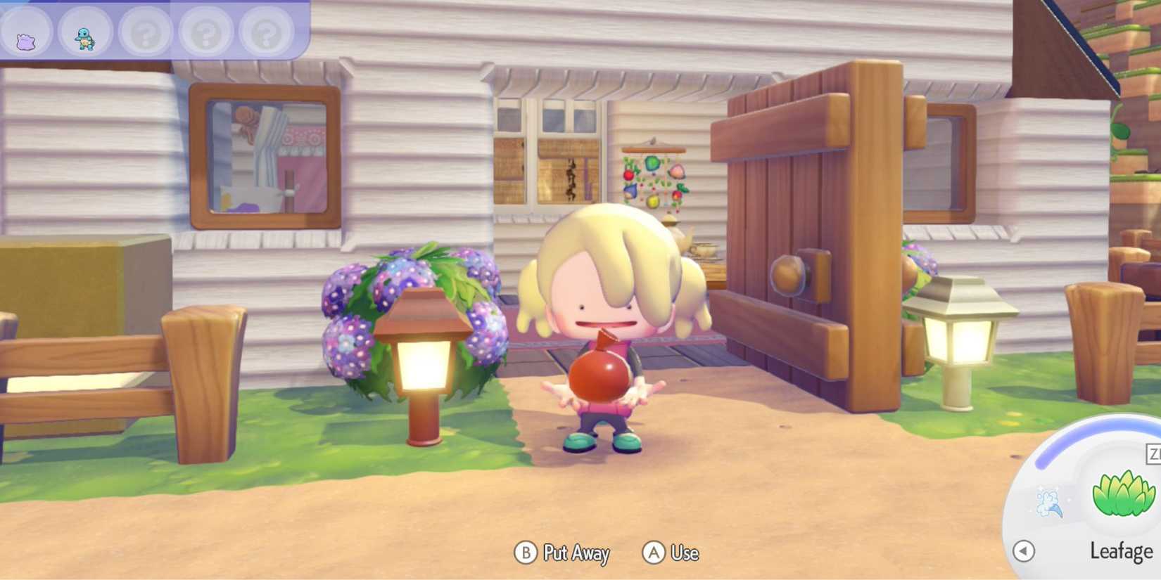 Pokemon Pokopia player holding a red paint balloon and standing next to a colored light