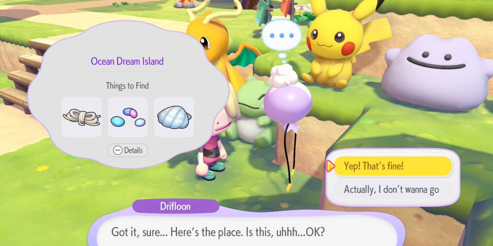 Pokemon Pokopia player talking to Drifloon about visiting an Ocean Dream Island