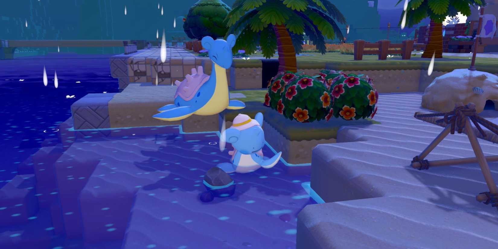 Pokemon Pokopia player using the Surf ability