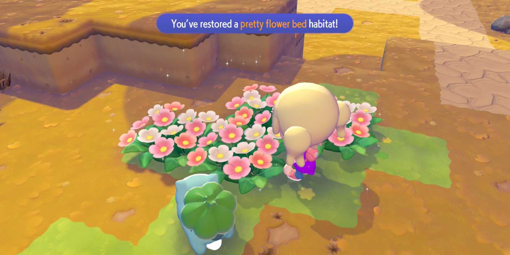 Pokemon Pokopia player with a bulbasaur companion restoring a pretty flower bed habitat