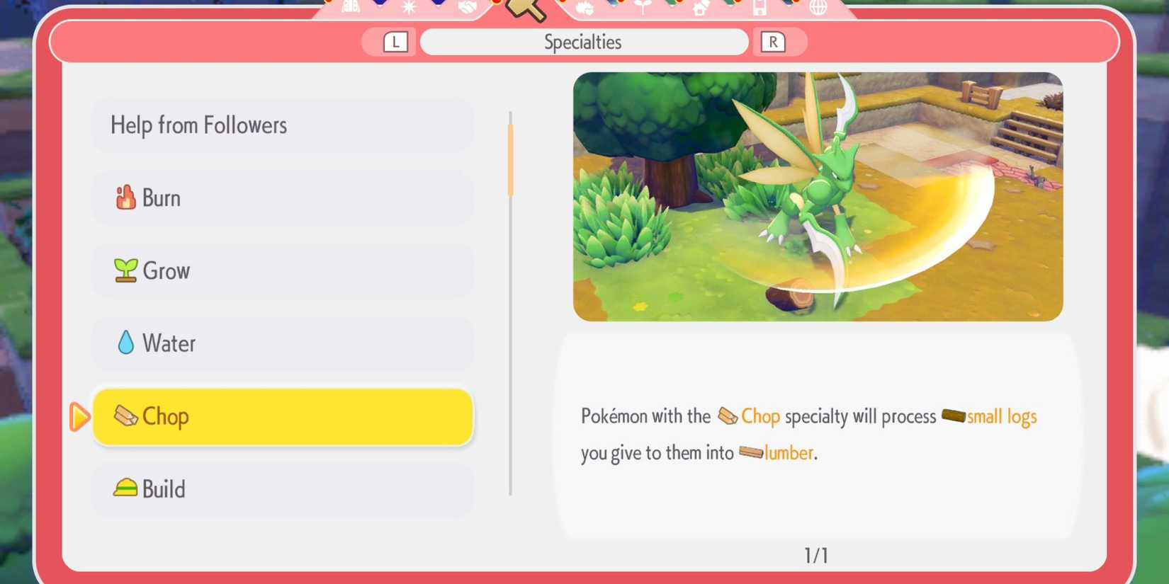 Pokemon Pokopia specialties menu explaining the Chop specialty for making lumber