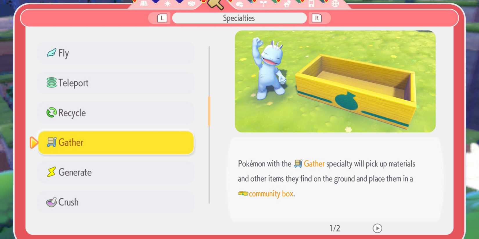 Pokemon Pokopia specialties menu explaining the Gather specialty