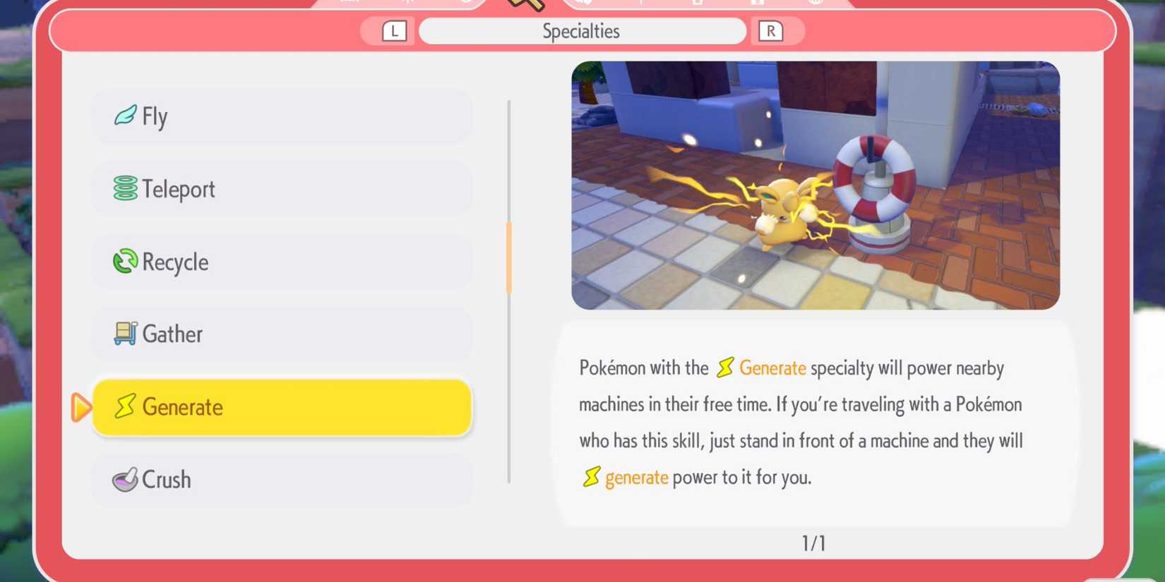Pokemon Pokopia specialties menu explaining the Generate specialty