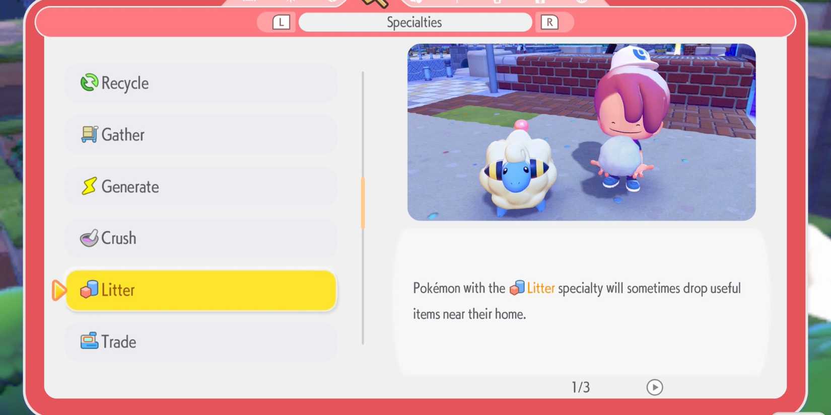 Pokemon Pokopia specialties menu explaining the Litter specialty