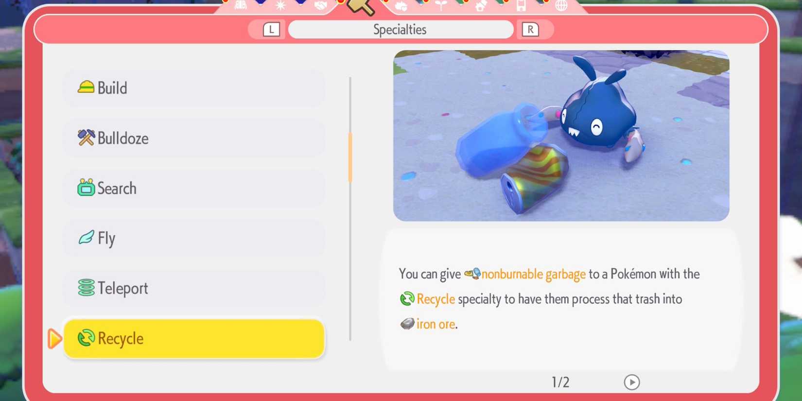Pokemon Pokopia specialties menu explaining the Recycle specialty