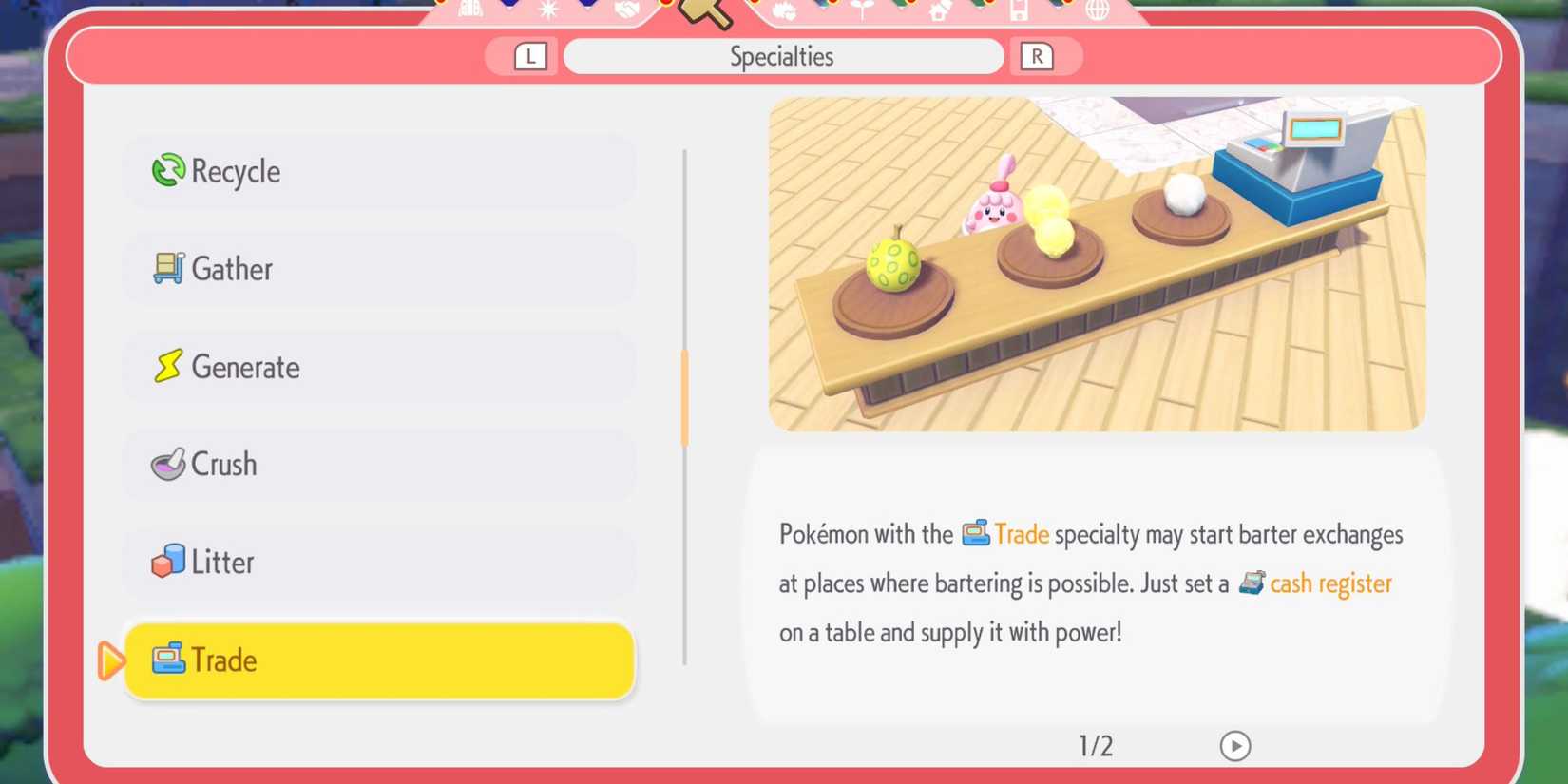 Pokemon Pokopia specialties menu explaining the Trade specialty