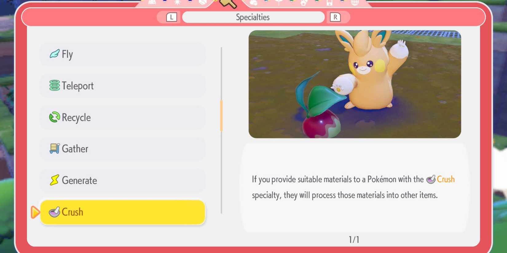 Pokemon Pokopia specialties menu showing the Crush information
