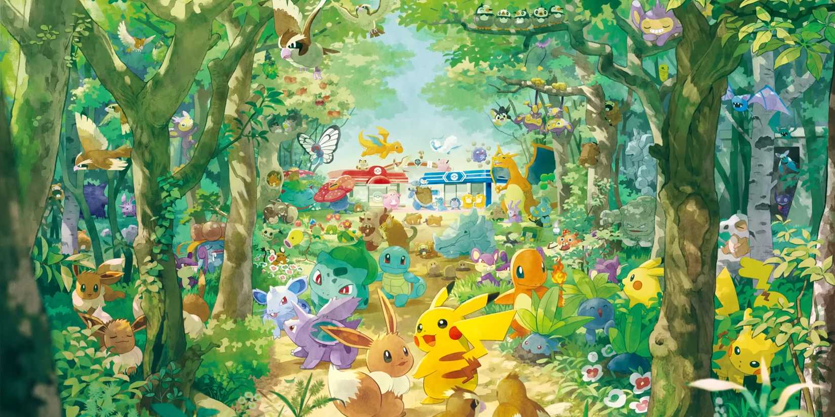 Pokepark Kanto Illustration of various Pokemon gathering