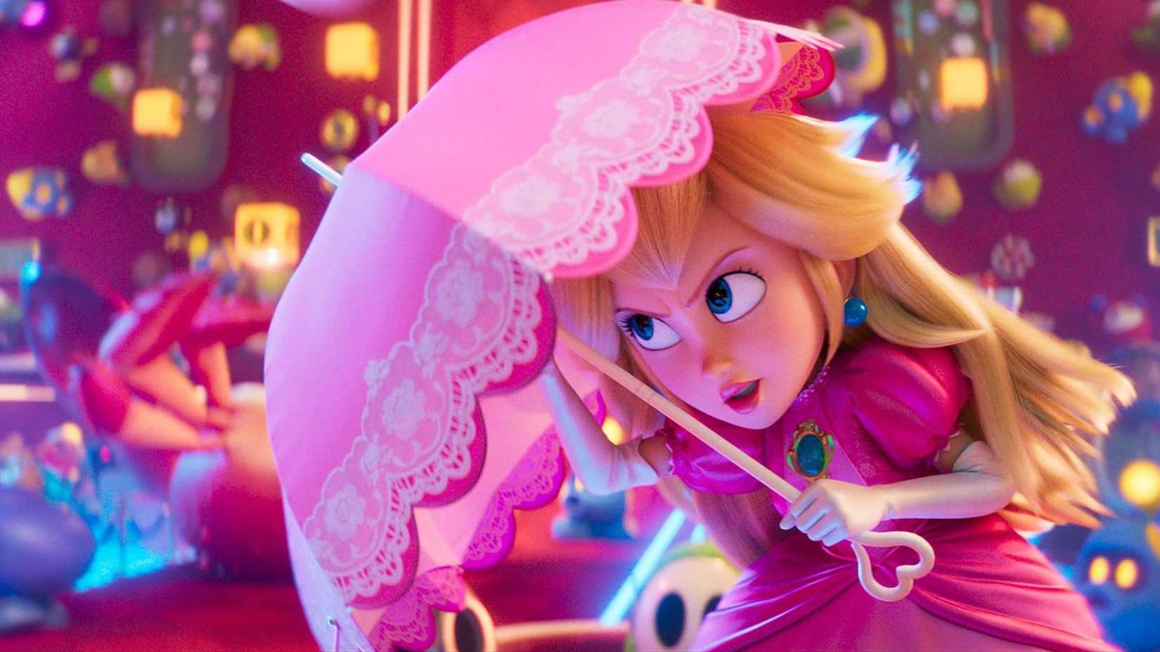 princess peach shielding herself with umbrella in the super mario galaxy movie