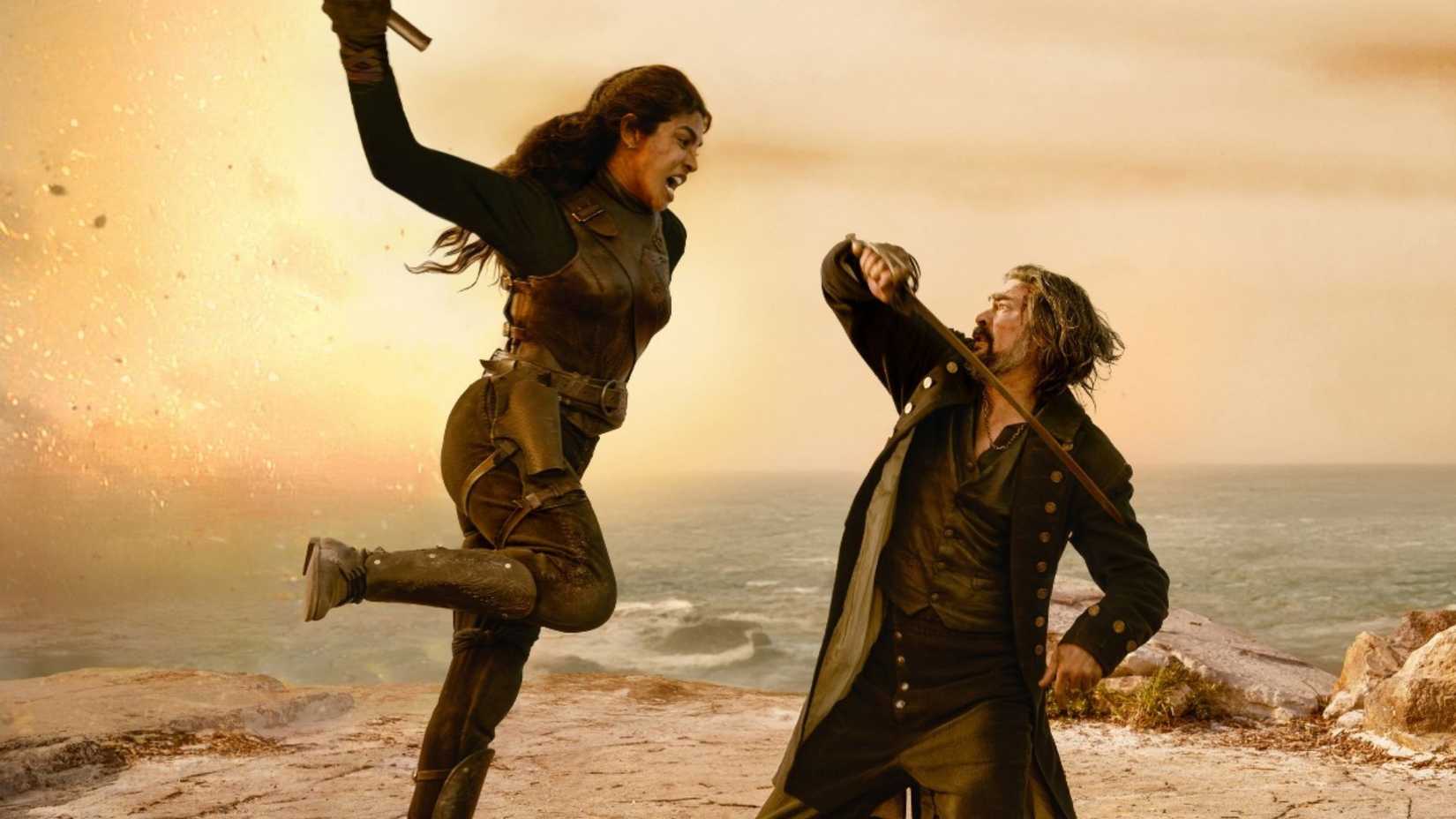 Priyanka Chopra as Ercell Bodden fighting Karl Urban as Captain Francisco Connor in The Bluff