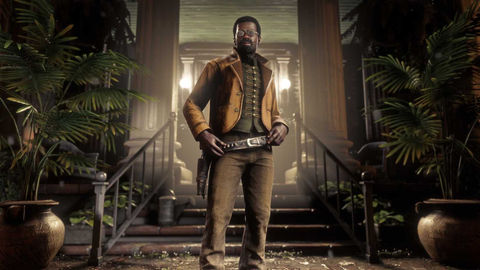 A character stands in a grand house in Red Dead Online