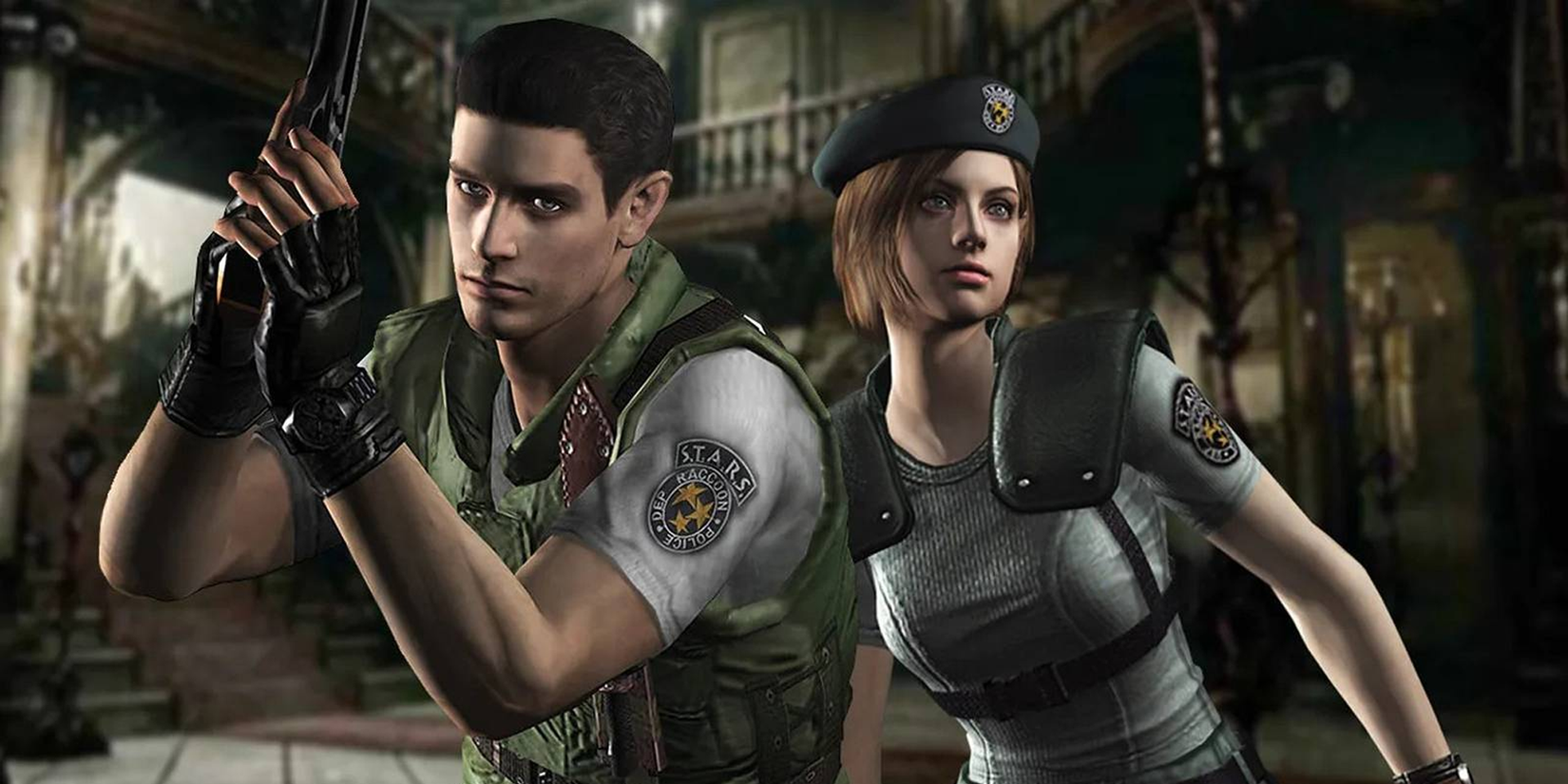 Personagens de Resident Evil em frente à Mansão Spencer