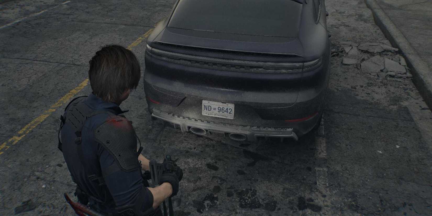 Resident Evil Requiem Leon looking at his license plate