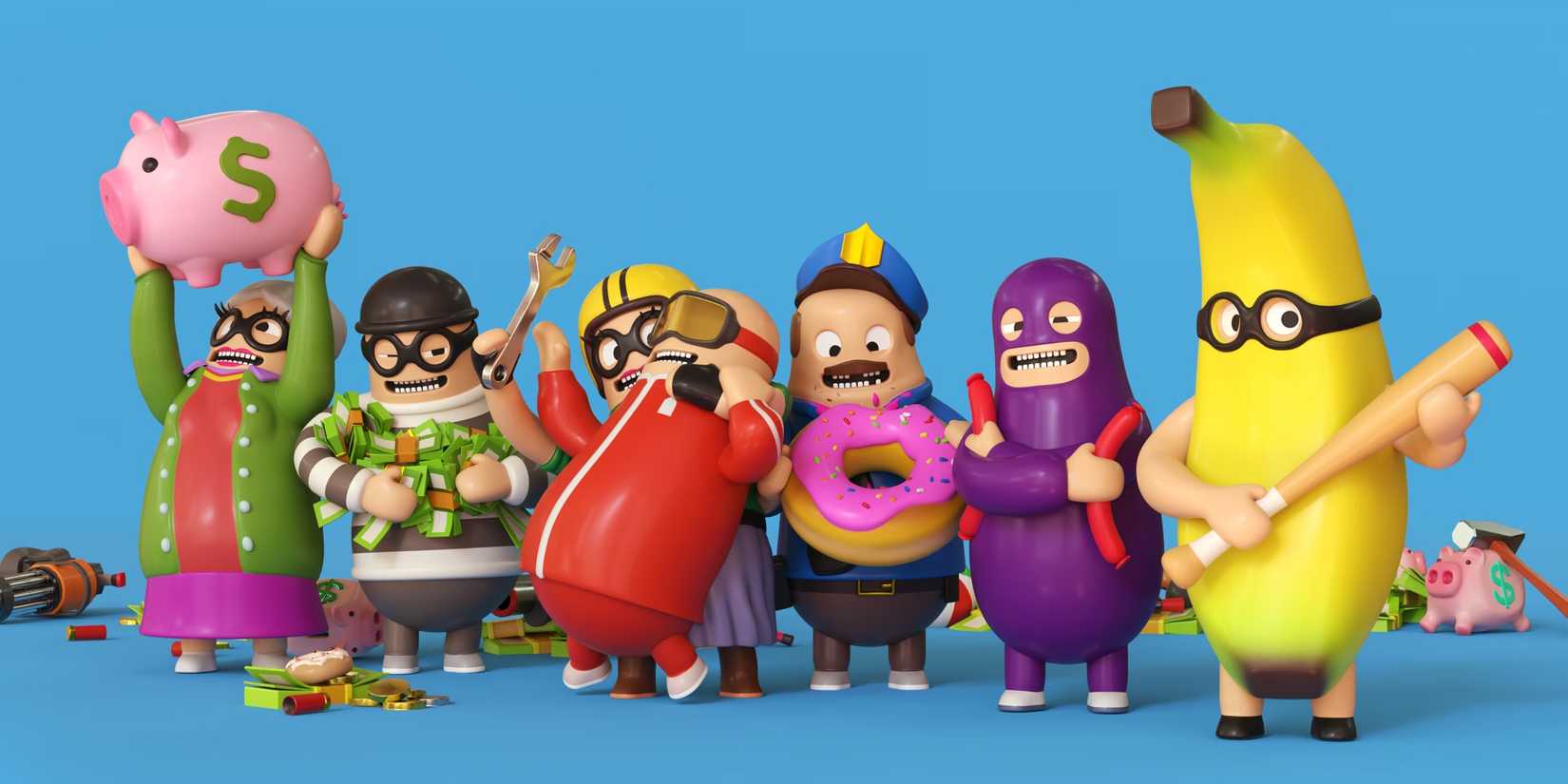 Characters from Rubber Bandits are assembled.