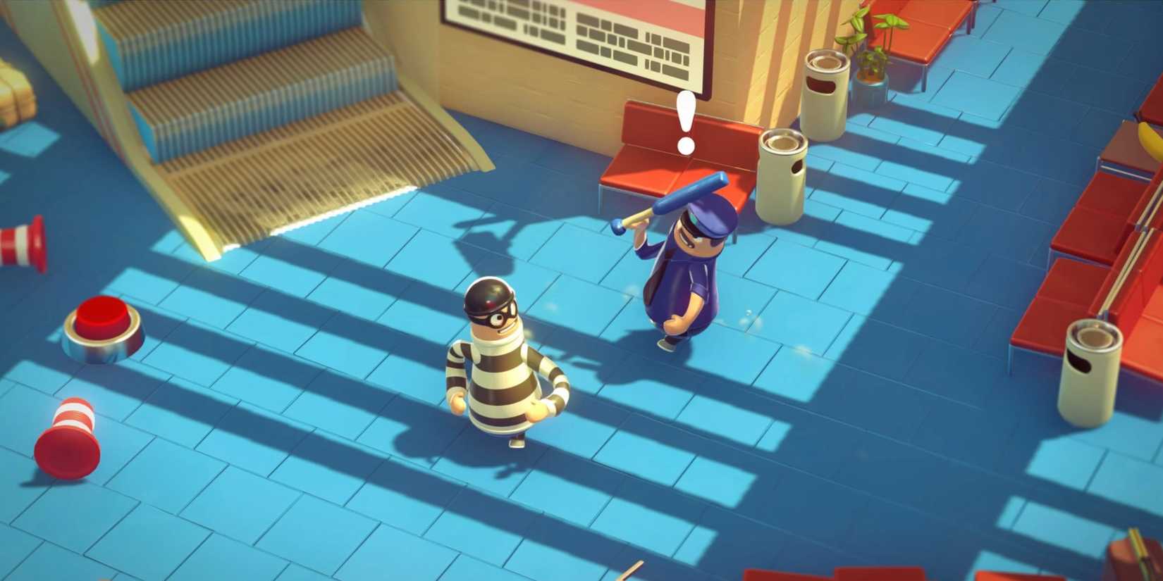 A guard chases a robber in Rubber Bandits.