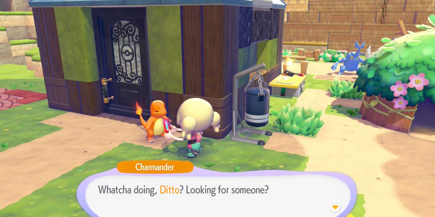 Searching for a Pokemon in Pokopia asking Charmander