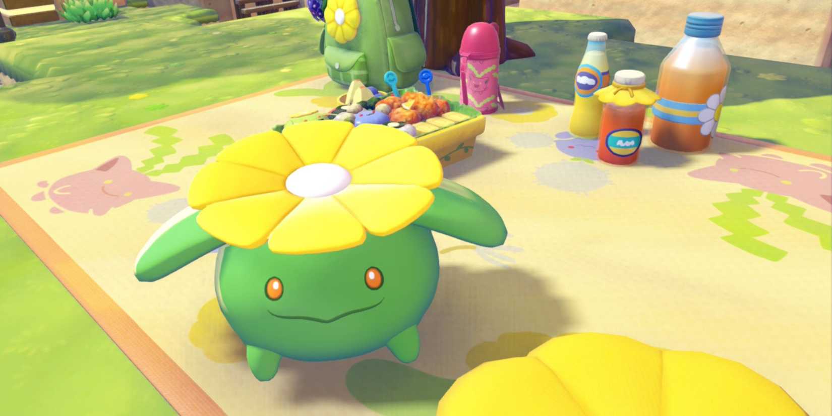 Skiploom in front of some of the rewards from Pokemon Pokopia event Spores for Hoppip