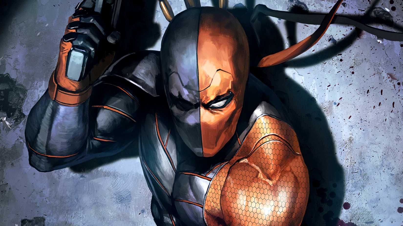 Slade Wilson aka Deathstroke wields his gun while lit by a spotlight in DC Comics