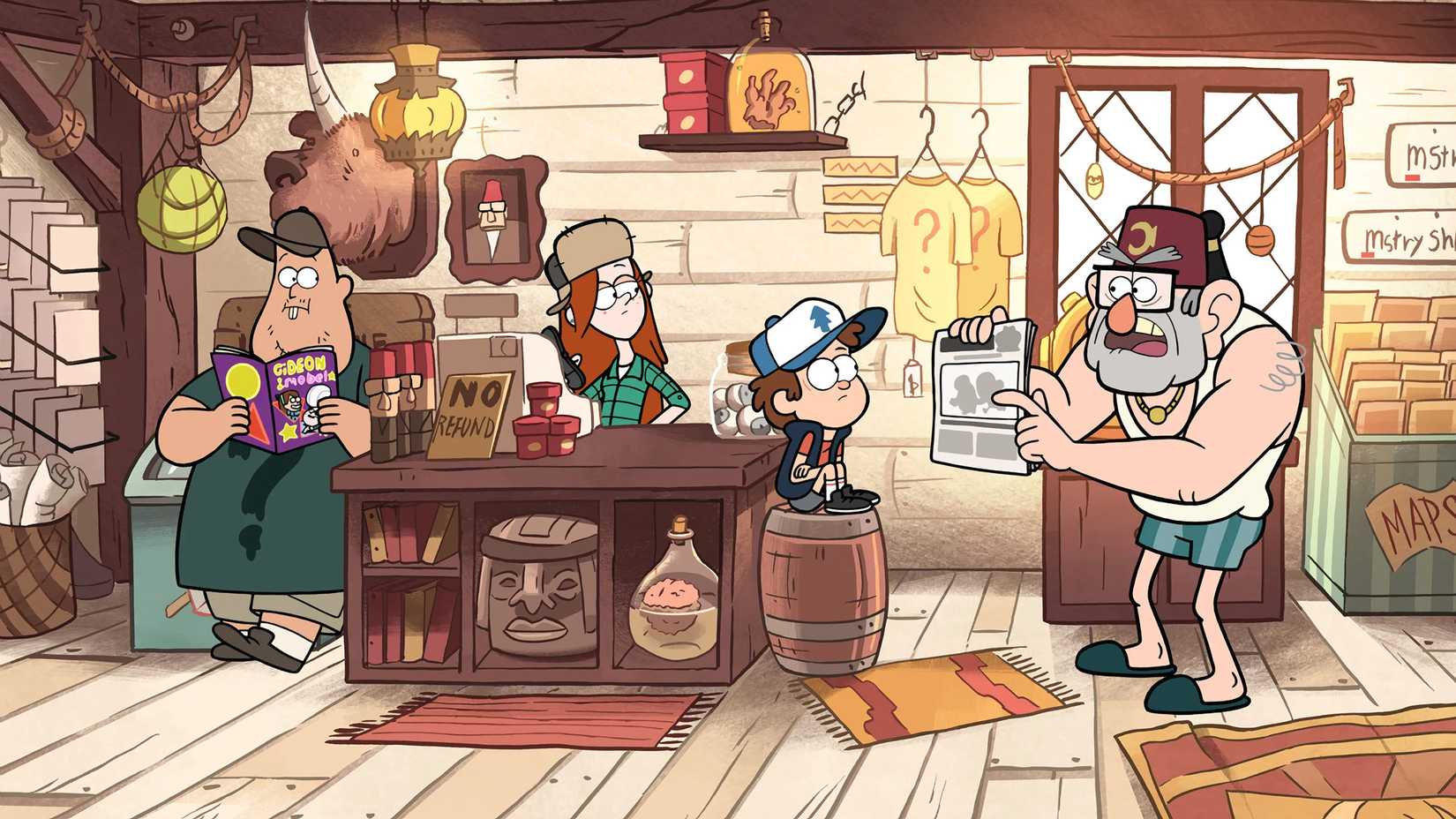 Soos Wendy Dipper e Stan na Casa dos Mistérios em Gravity Falls