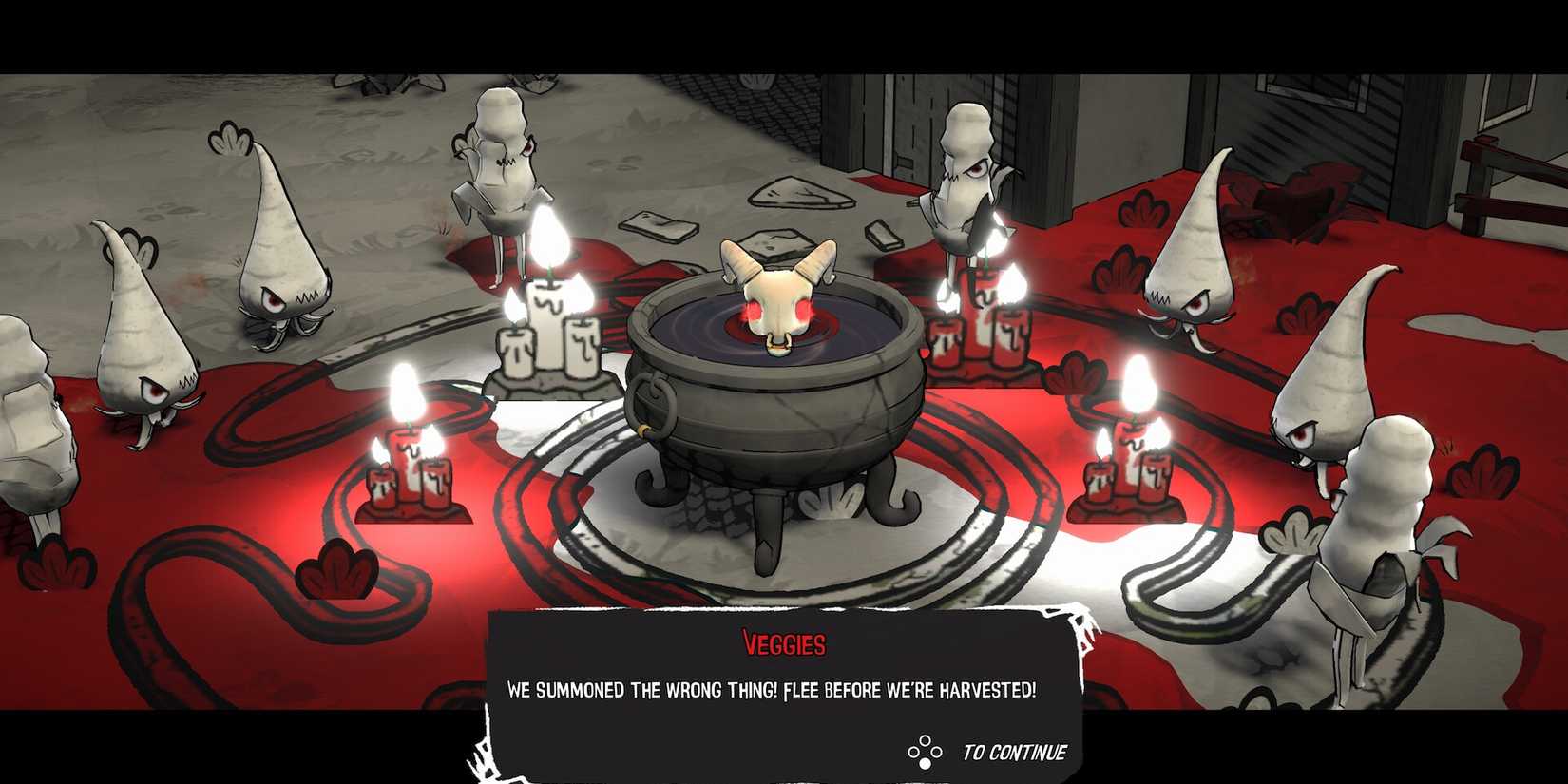 Vegetables summon the demon Xylo in Souper Bloody.