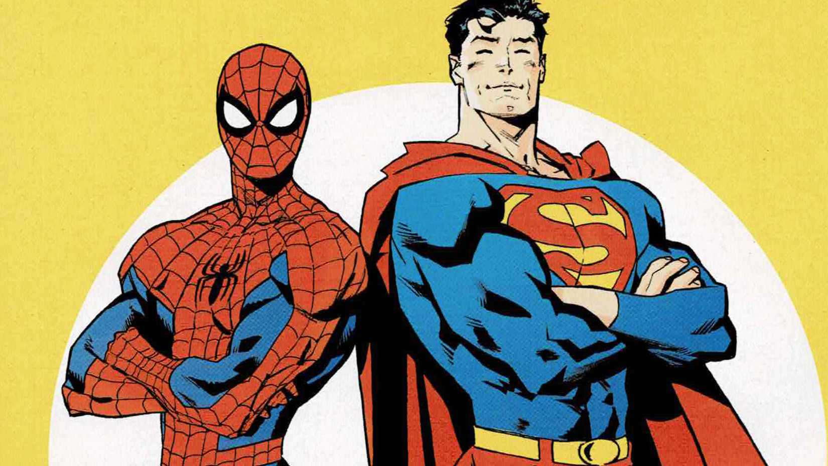 Arte conceitual unindo os universos de Spider-Man e Superman