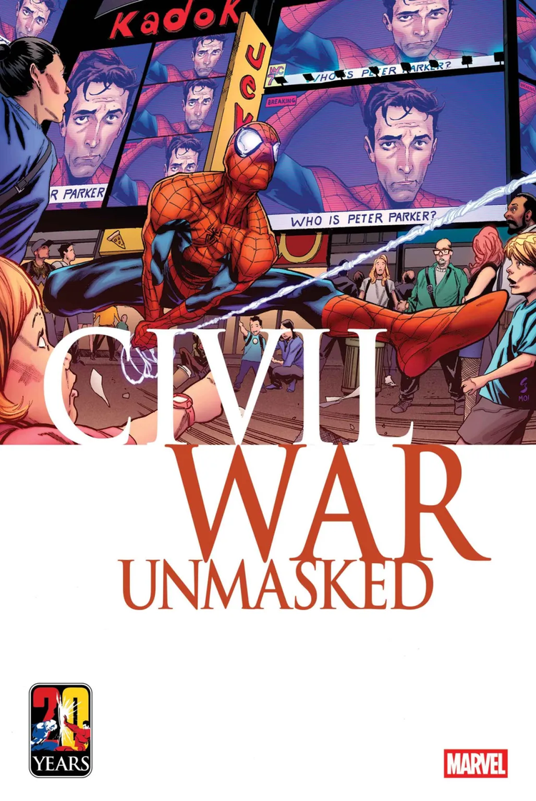 Spider-Man web swings through Time Square while Peter Parker unmasks himself in Civil War Unmasked #2