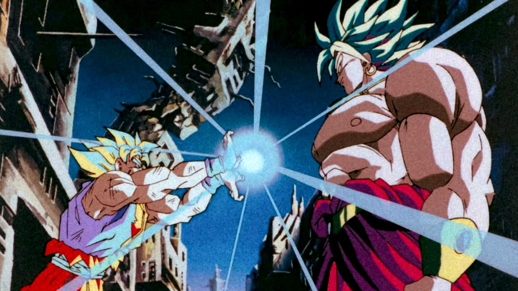 SSJ Goku shoots a point-blank Kamehameha towards Broly in Dragon Ball Z The Legendary Super Saiyan