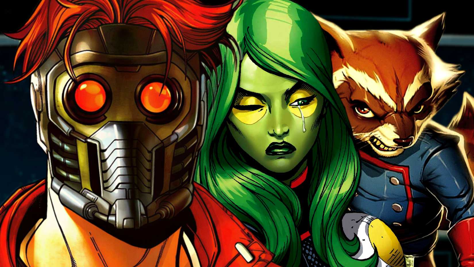 Star-Lord, Gamora, and Rocket Raccoon stand next to each other in Marvel Comics' Guardians of the Galaxy
