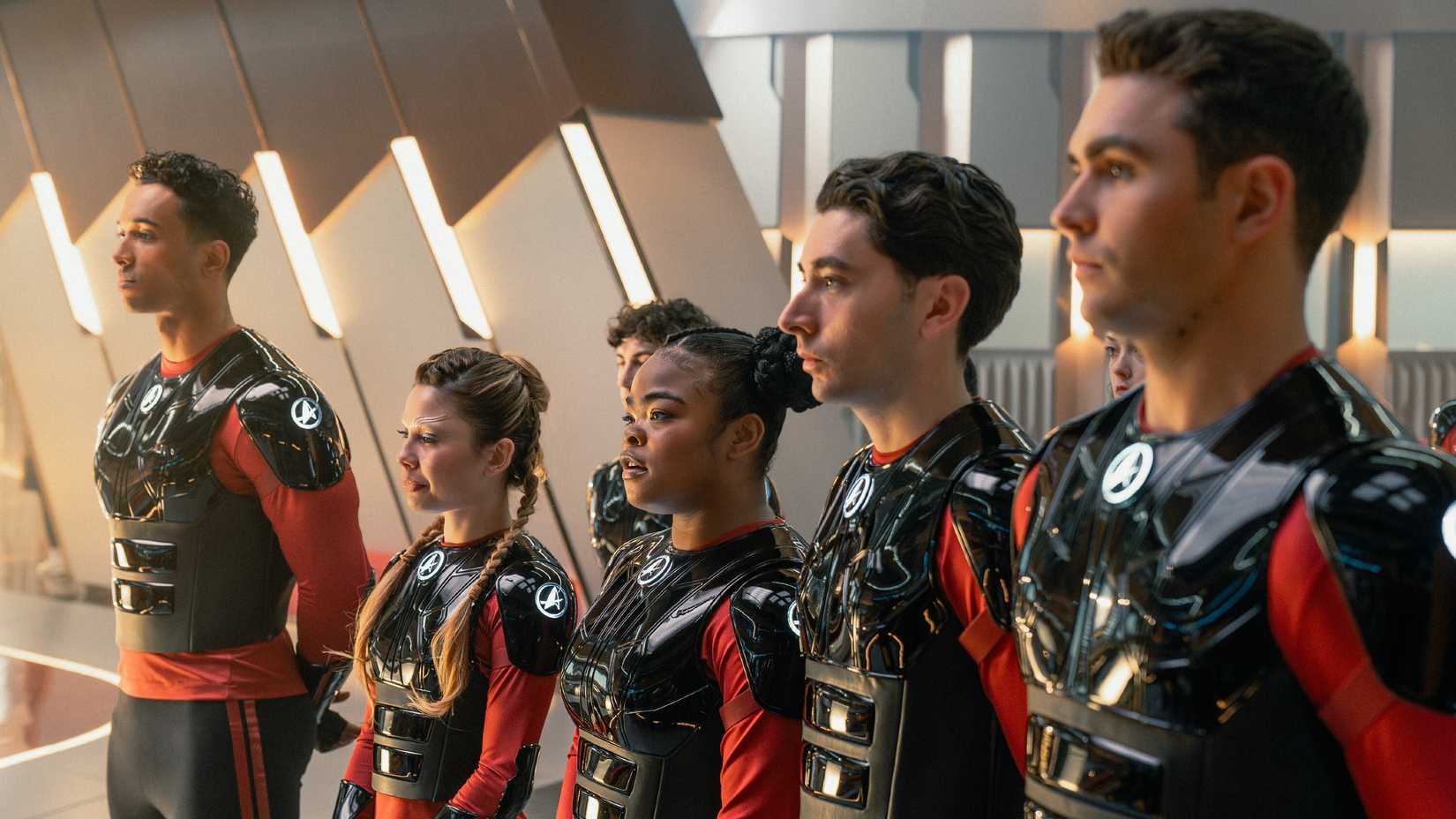 Star Trek Starfleet Academy still featuring Sandro Rosta, Bella Shepard, Kerrice Brooks, Romeo Carere, and George Hawkins.