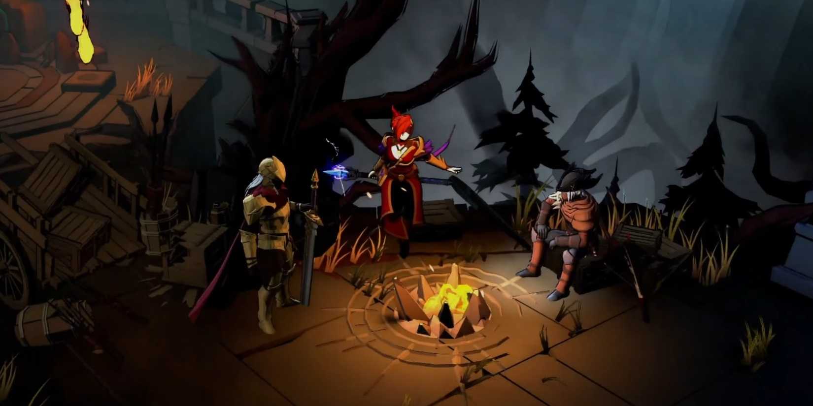 Three characters assemble around a campfire in Shardbreakers.