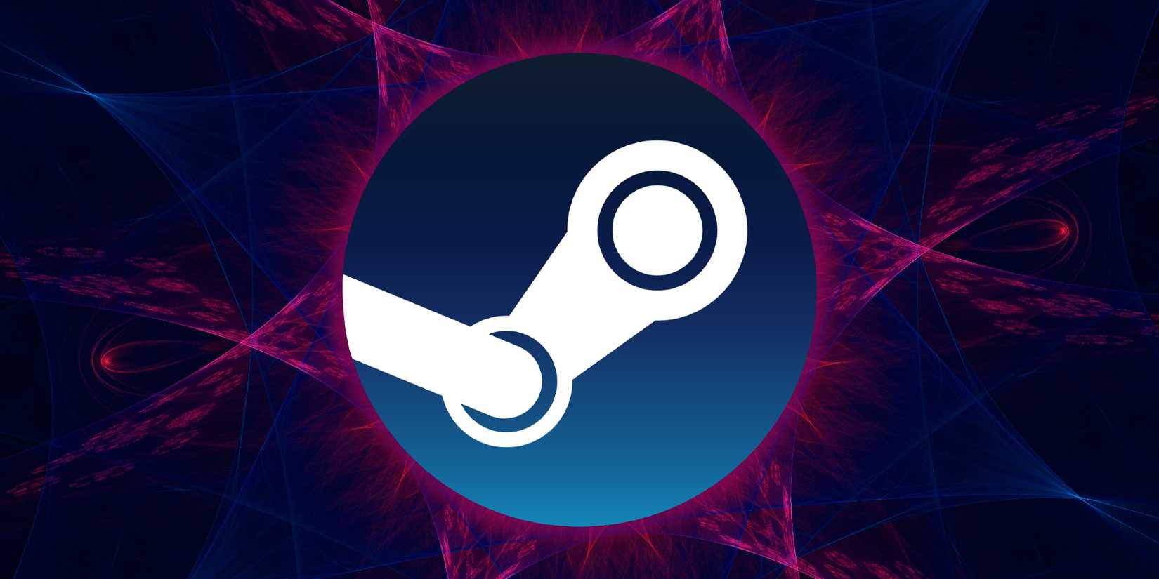 The Steam logo floats over purple energy on a blue background.