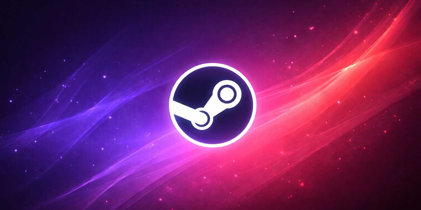 Steam logo on purple and red wave background