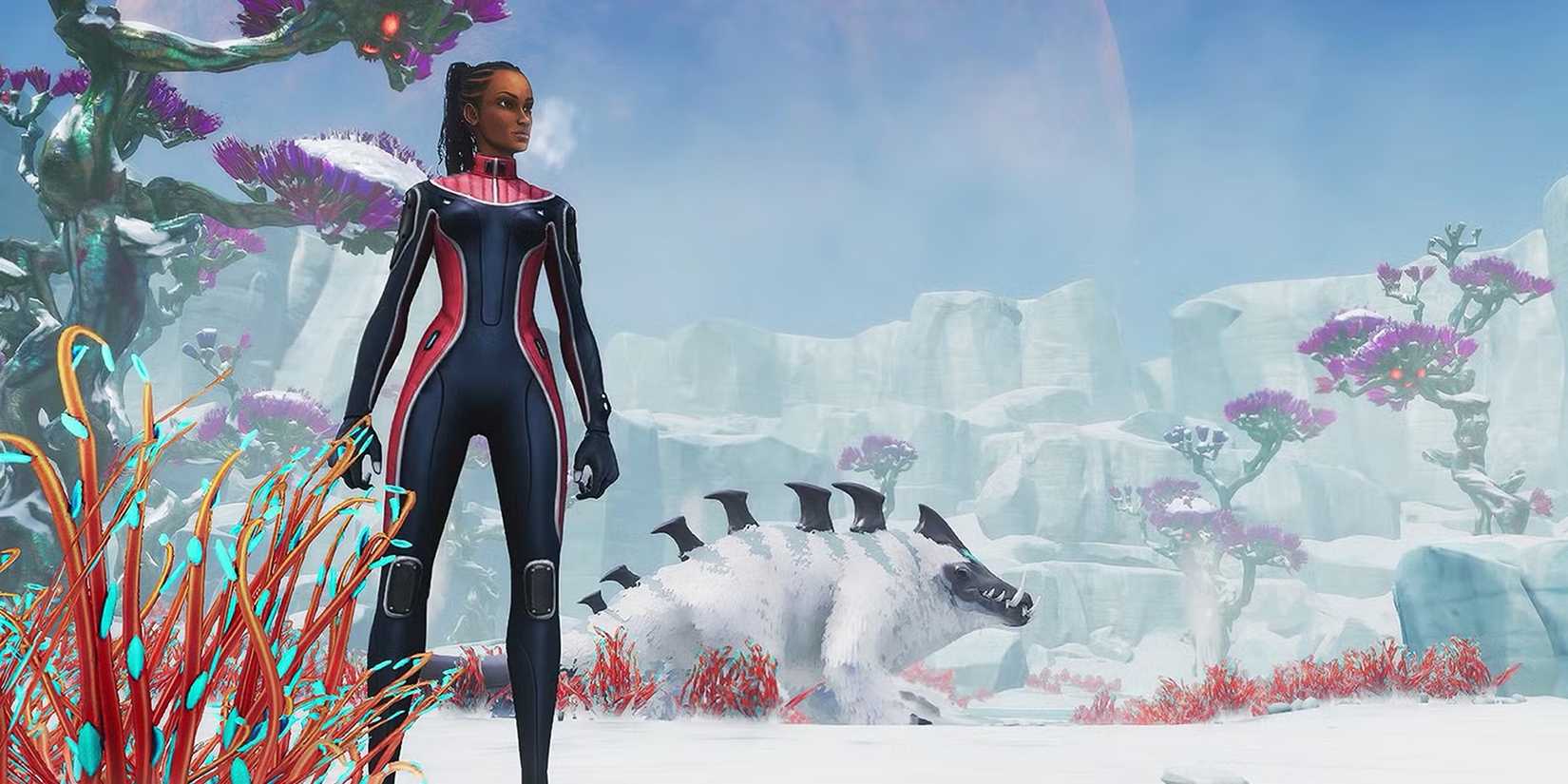 The main character stands in a wetsuit in Subnautica Below Zero