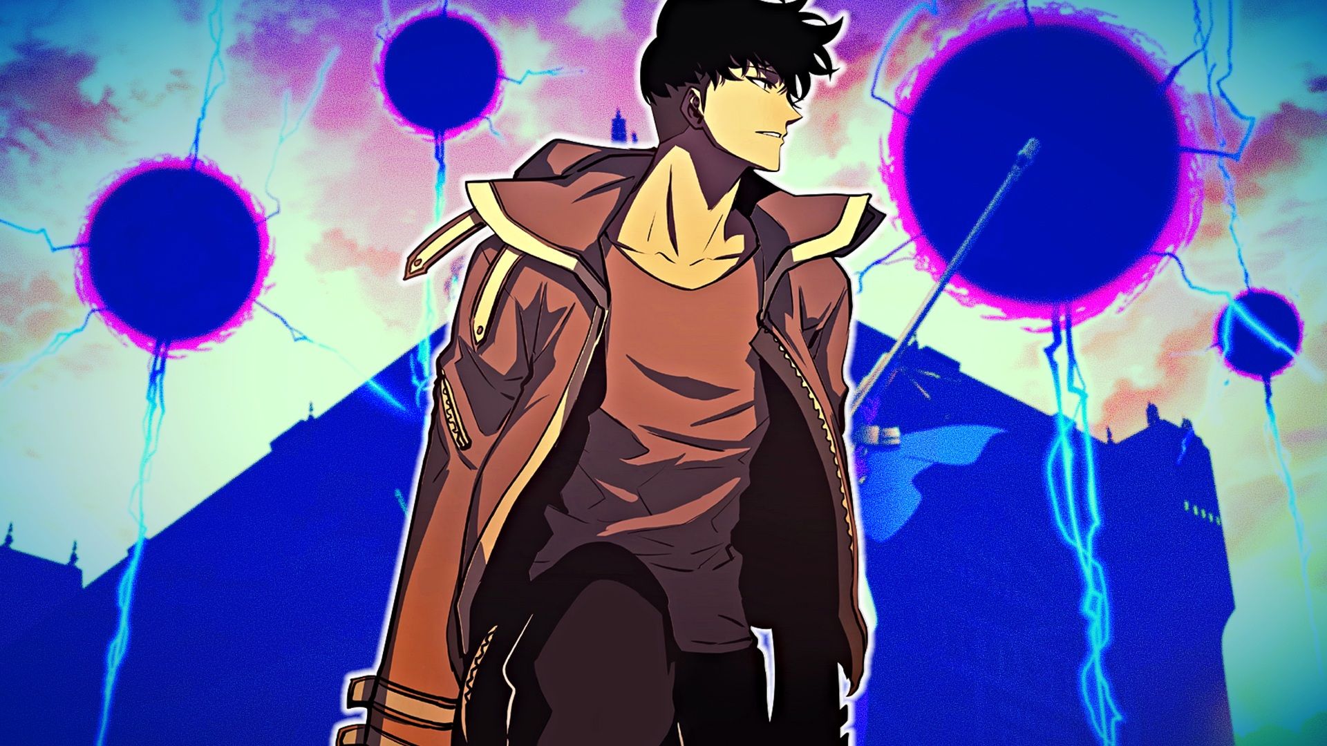 Sung Jinwoo from Solo Leveling in front of poster of World Trigger