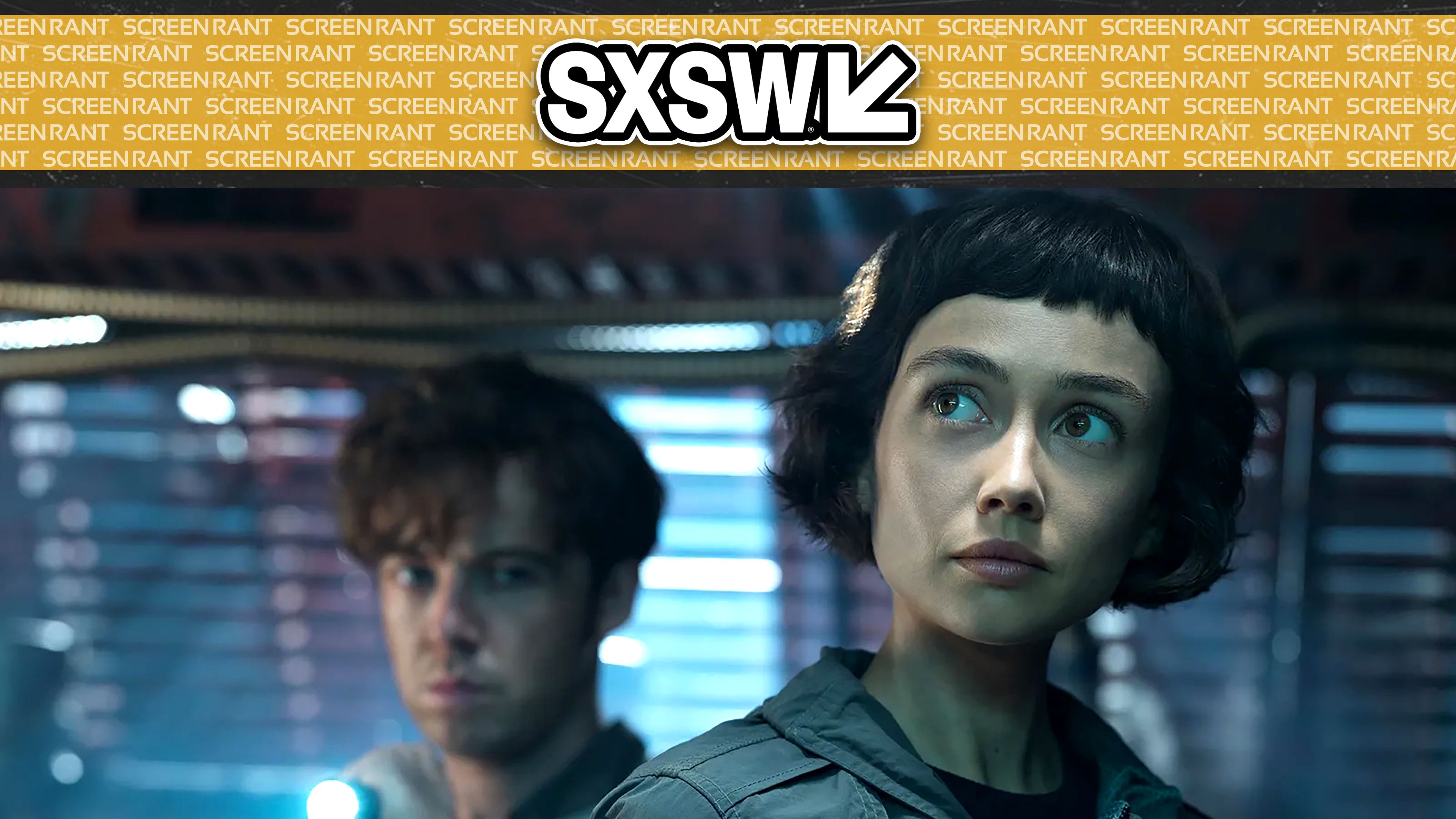 Sydney Chandler's Wendy looking intrigued with Alex Lawther's Joe pointing a flashlight in the background in Alien_ Earth season 1 SXSW Overlay