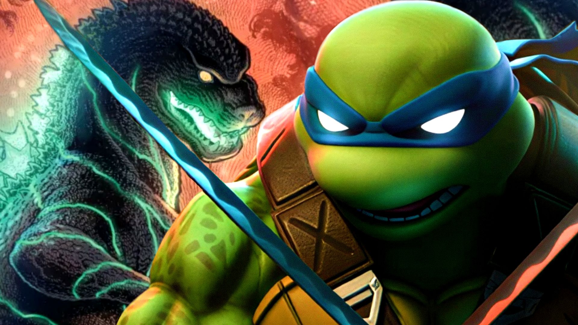 Teenage Mutant Ninja Turtles' Leonardo prepares to fight IDW's Godzilla