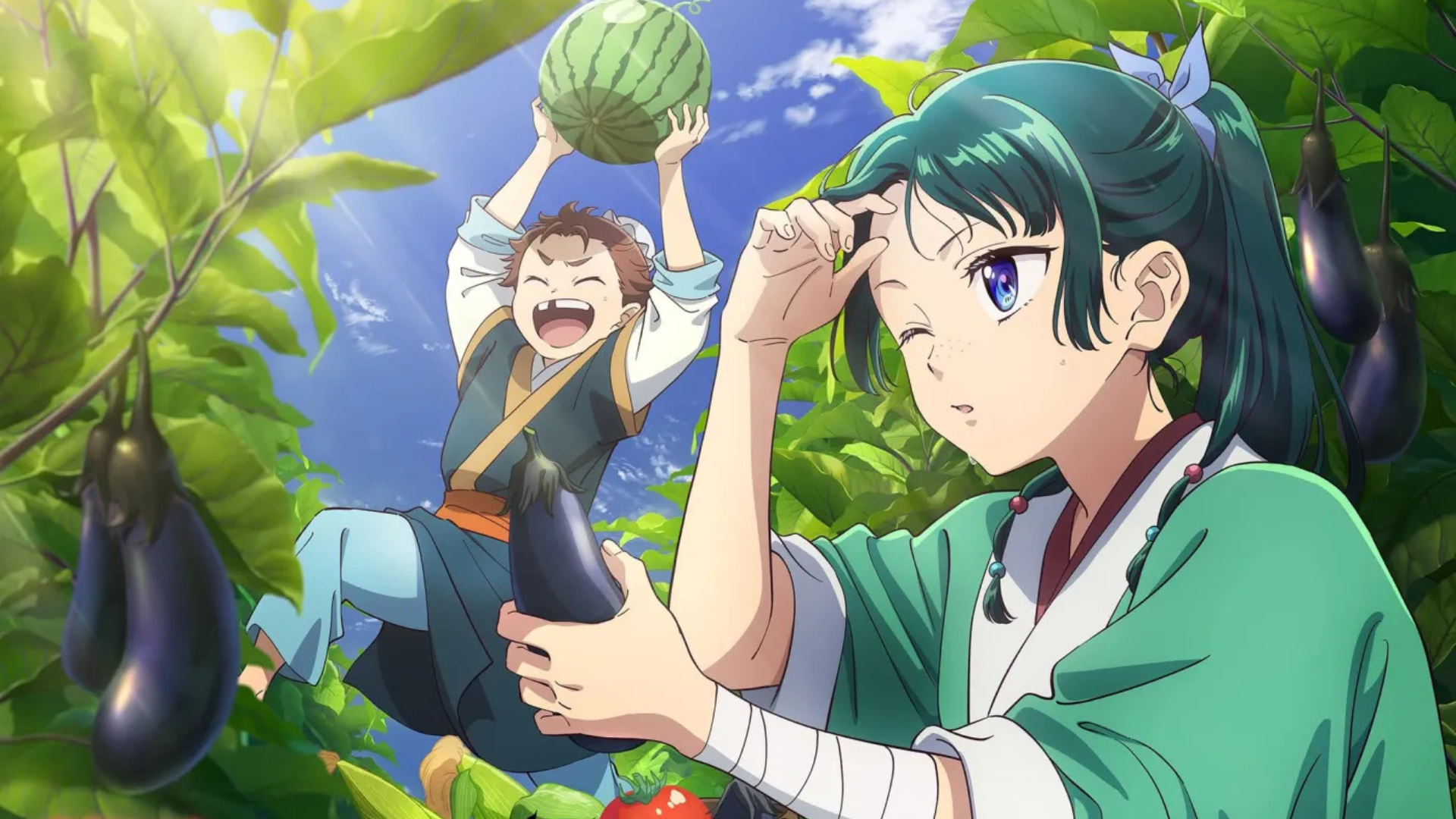 The Apothecary Diaries anime - Maomao and a child picking watermelon and eggplants
