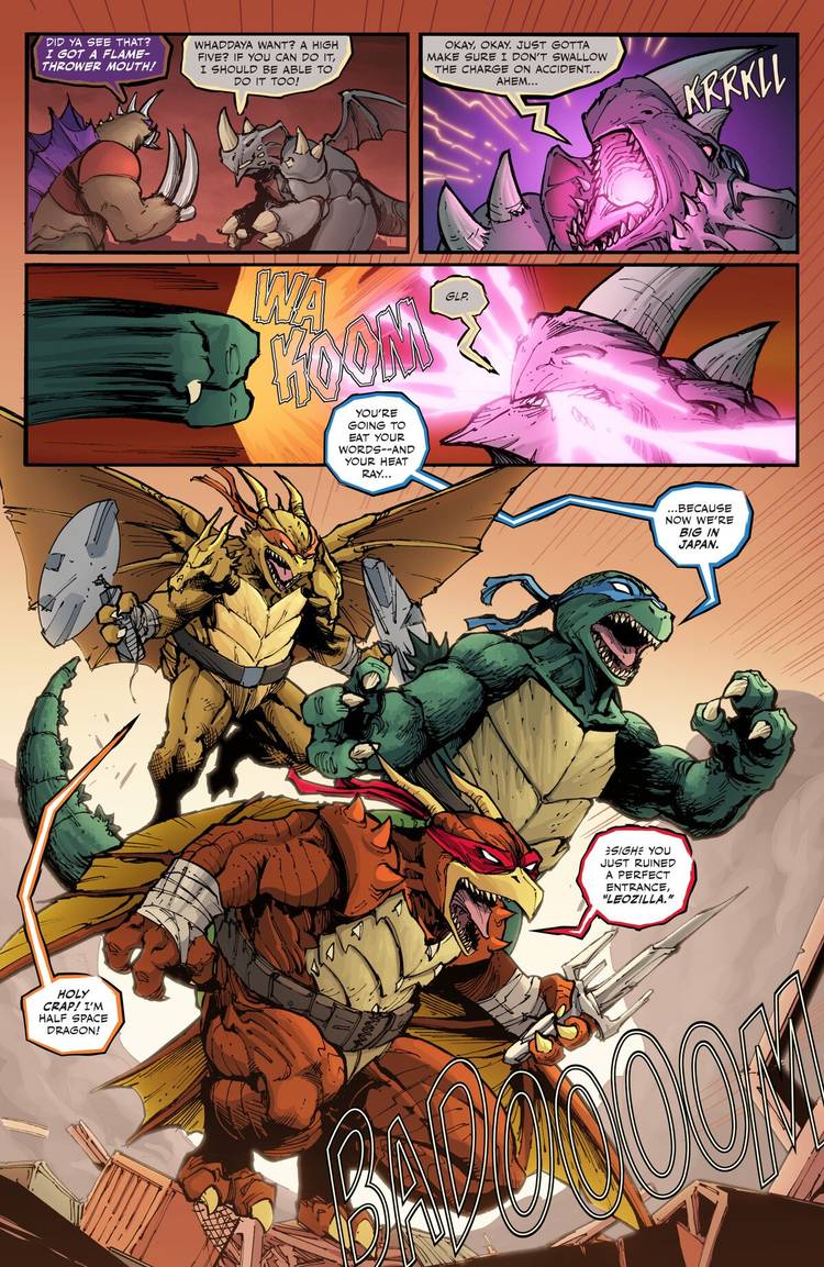 The kaiju TMNT fight oversized Bebop and Rocksteady in Teenage Mutant Ninja Turtles #4