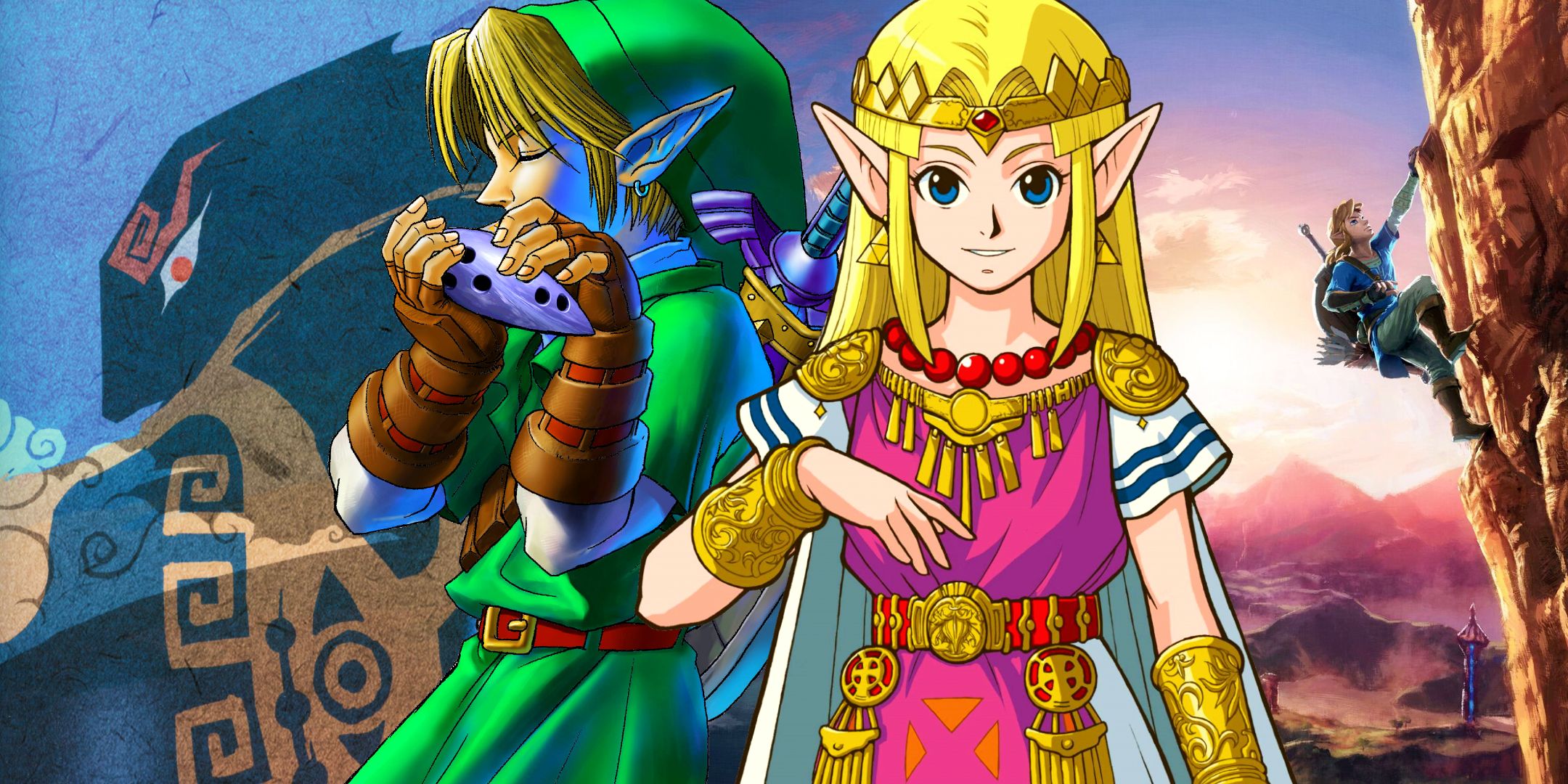A collage of The Legend of Zelda artwork showing, from left to right, Ganondorf from The Wind Waker, Link from Ocarina of Time, Zelda from A Link to the Past, and Link again from Breath of the Wild.