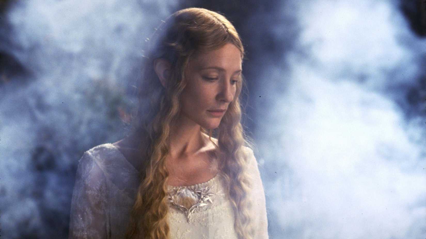 Galadriel (Cate Blanchett) looking sad in The Lord of the Rings The Fellowship of The Ring.