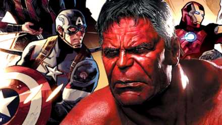 The MCU's Red Hulk walks between the Avengers' Captain America and Iron Man in Marvel Comics