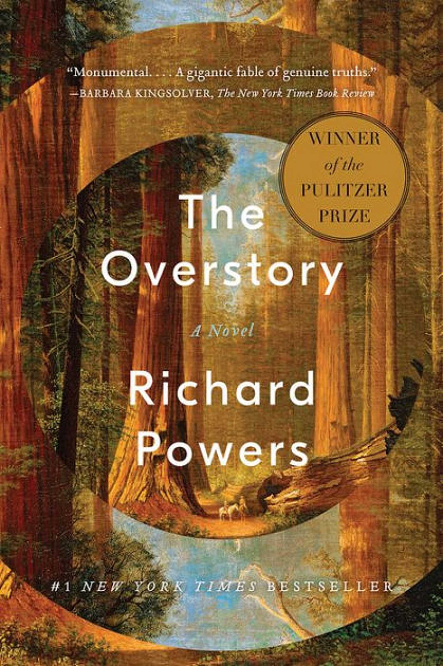 The Overstory cover, the title and author's name against a backdrop of trees