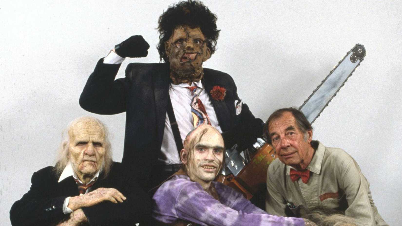 The Sawyer family pose on the poster for The Texas Chainsaw Massacre 2