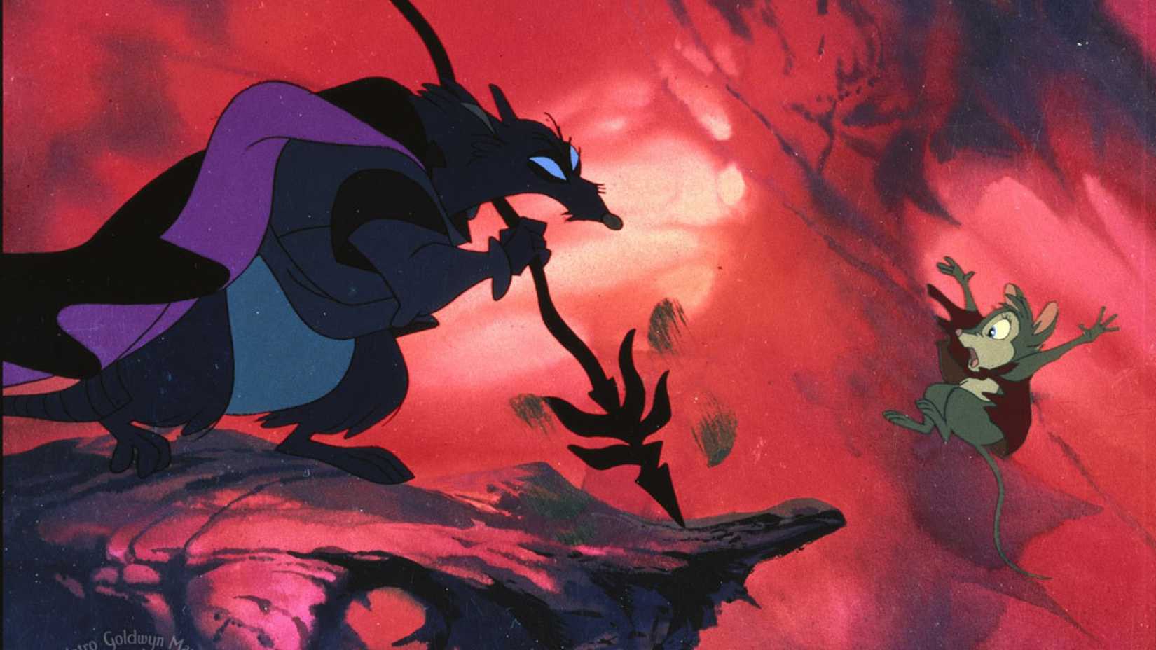 A mouse getting chased off a ledge by a rat with a spear in The Secret of NIMH