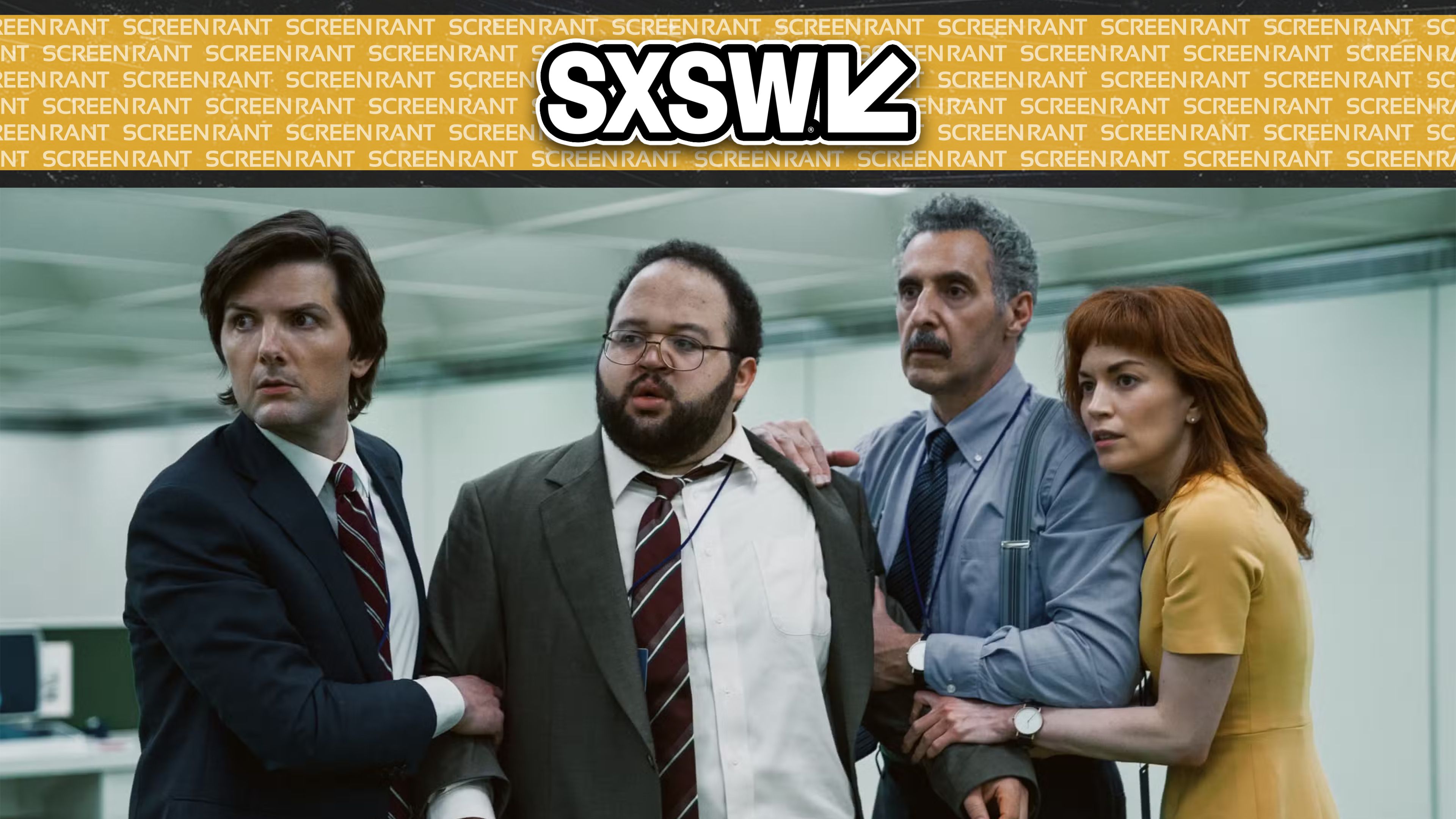 The Severance cast looking worried and holding onto each other with SXSW overlay