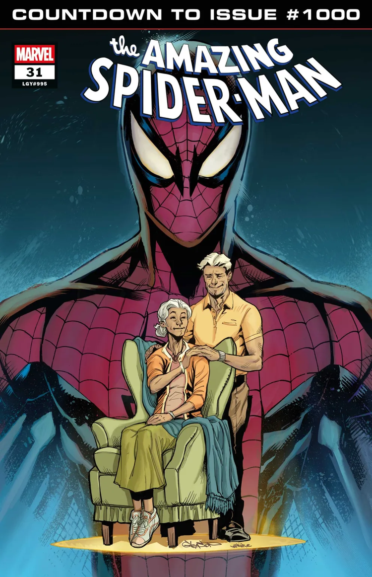 Uncle Ben and Aunt May stand in front of Peter Parker in Spider-Man issue #1000 cover