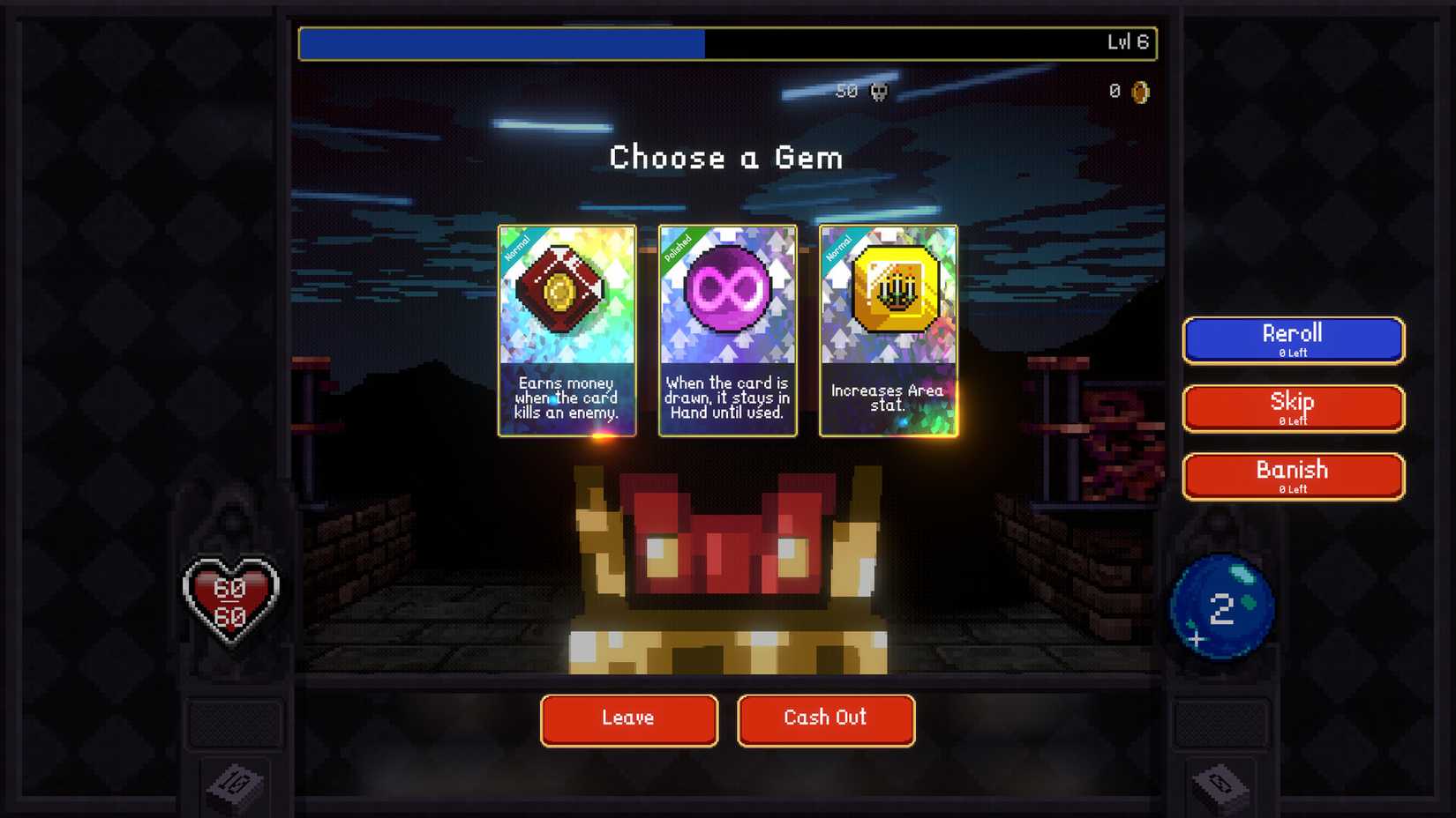 Vampire Crawlers screenshot of the Choose a Gem screen giving the player three options to pick from.