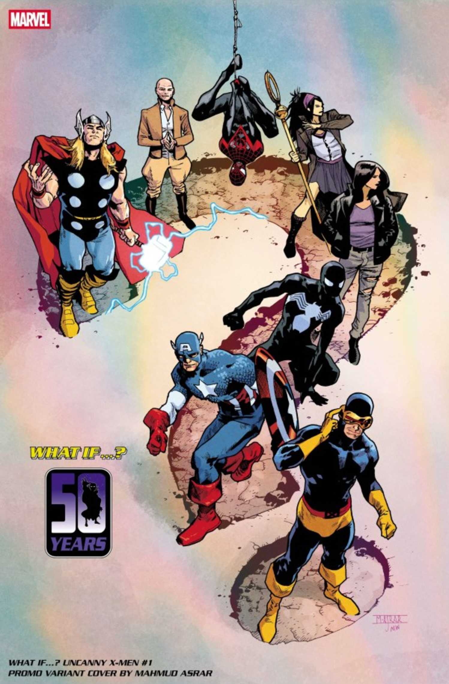 What If Uncanny X-Men #1 anniversary variant cover, heroes forming a question mark