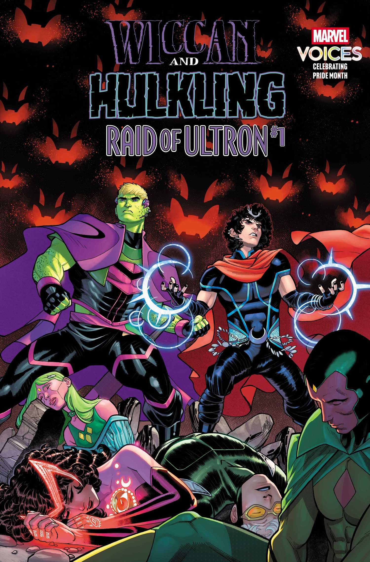 Wiccan and Hulkling #1 variant cover, the heroes standing over their fallen family